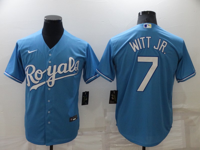 Men's Kansas City Royals #7 Bobby Witt Jr. Light Blue Cool Base Stitched Jersey Men's Kansas City Royals #7 Bobby Witt Jr. Light Blue Cool Base Stitched Jersey